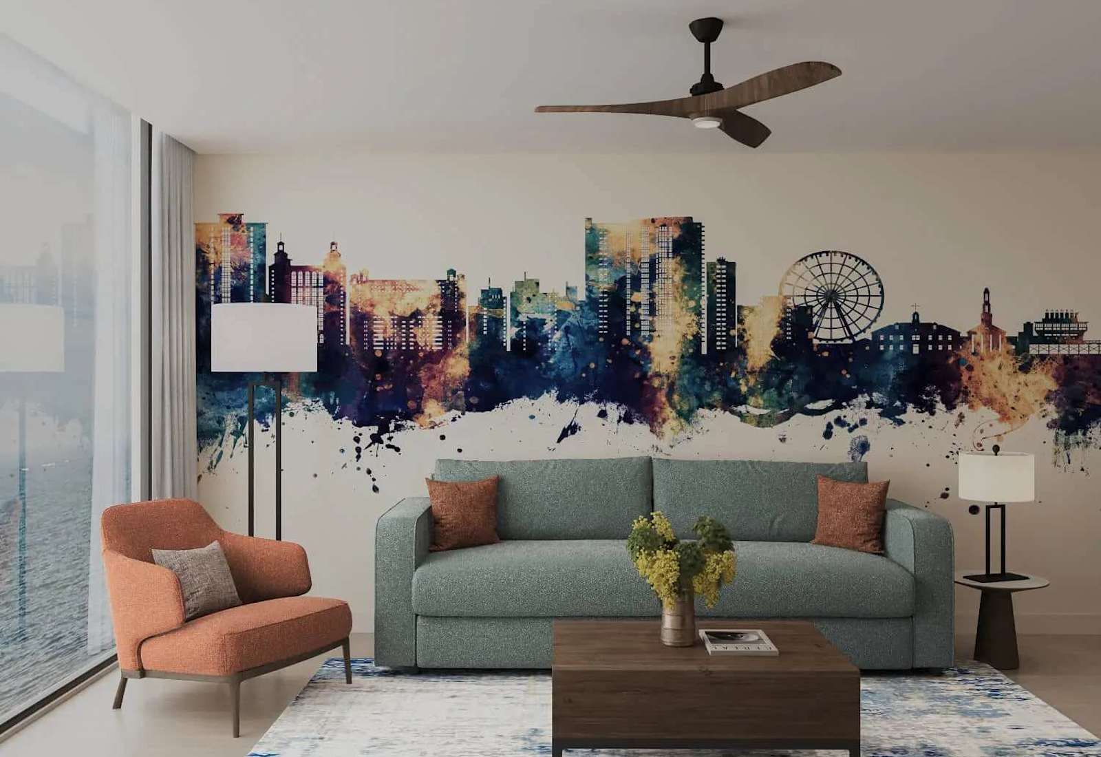 Relax in this stylish living room with comfortable seating, modern furnishings, floor-to-ceiling views, and custom Myrtle Beach-inspired décor. (This is a rendering, not an actual photograph)