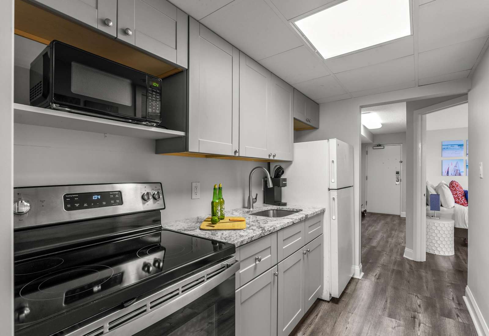 Fully-equipped kitchen with stainless steel appliances, perfect for cooking up a storm. 
