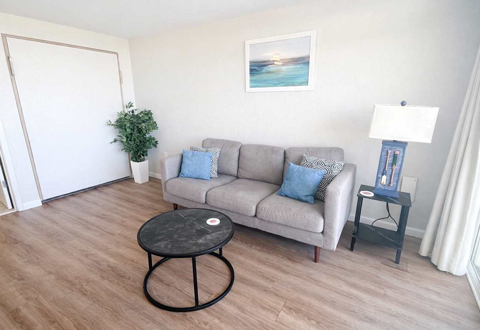 Designed for comfort and flexibility, this stylish living space features a hidden Murphy bed for effortless transitions.