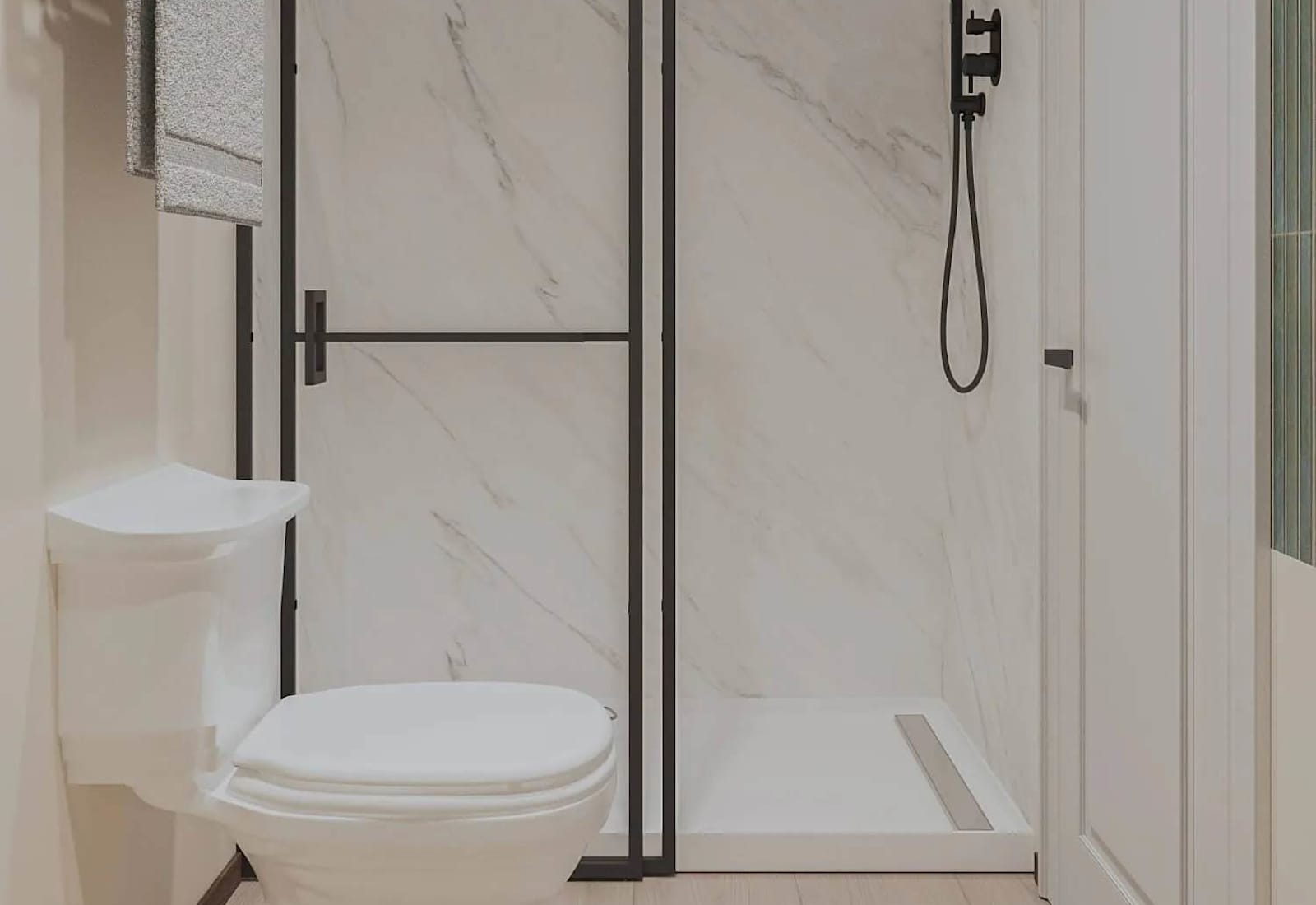 Indulge in a spa-like experience with this beautifully renovated walk-in shower, featuring elegant marble-look tile, matte black fixtures, and modern coastal design. (This is a rendering, not an actual photograph)