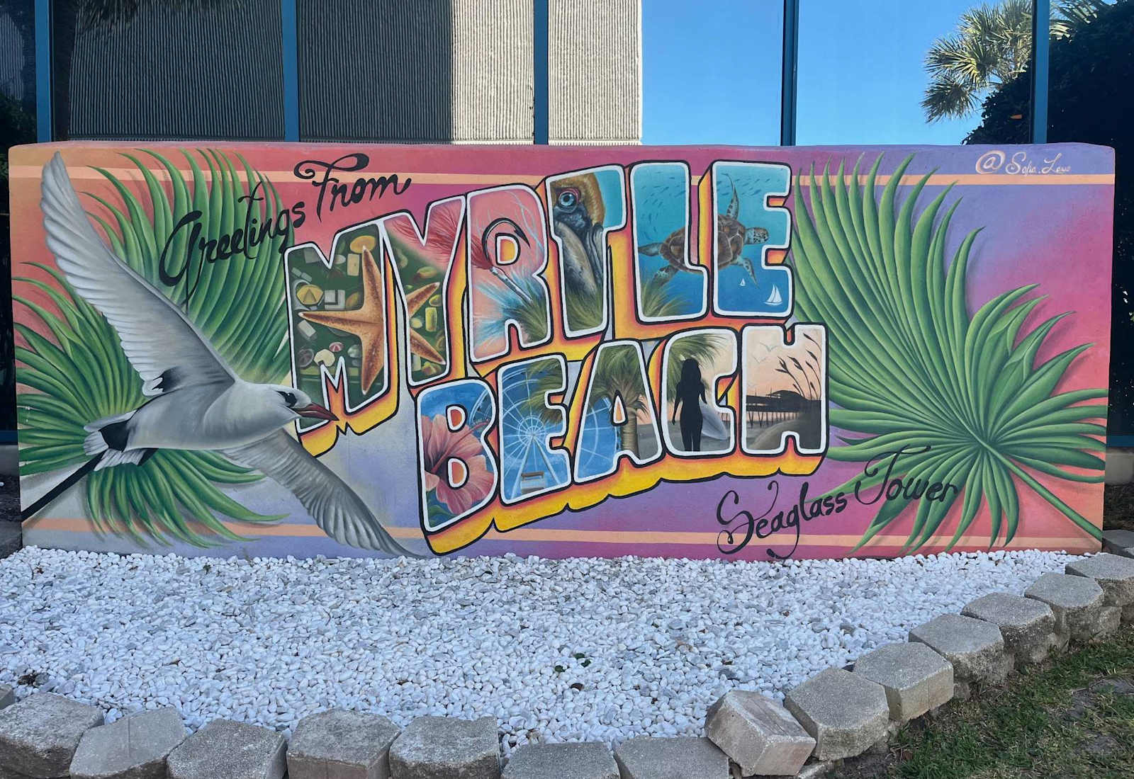 Snap a photo at the vibrant "Greetings from Myrtle Beach" mural—a colorful local landmark perfect for capturing memories of your Grand Strand getaway.