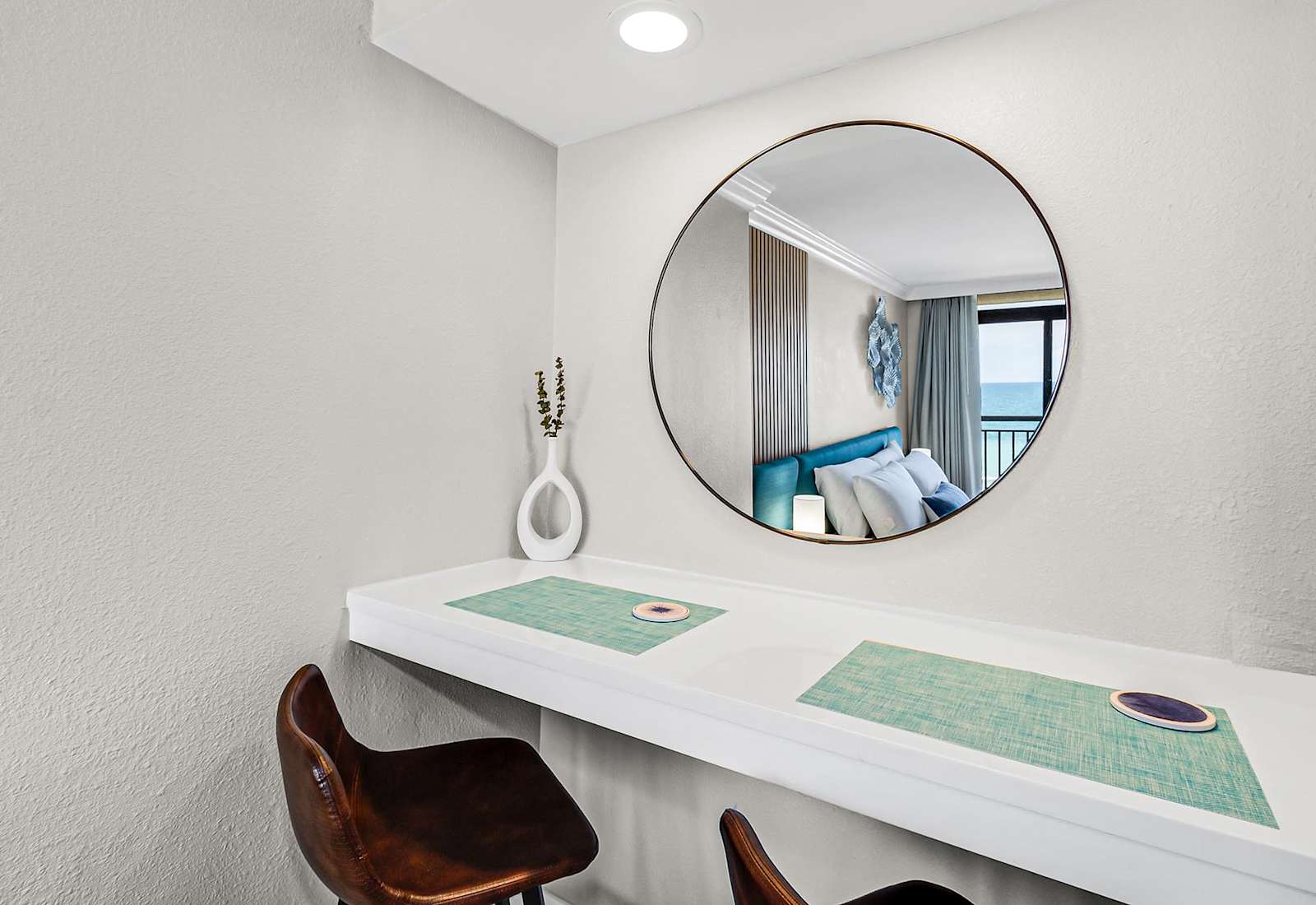 Get ready for your day in our well-lit vanity area with a large mirror and plenty of counter space. 
