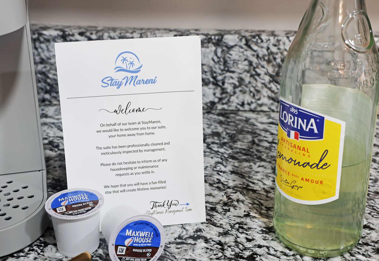 Enjoy a personalized experience with complimentary beverages and a warm, thoughtful note from our team. Your comfort is our priority, ensuring a memorable stay from the moment you arrive!