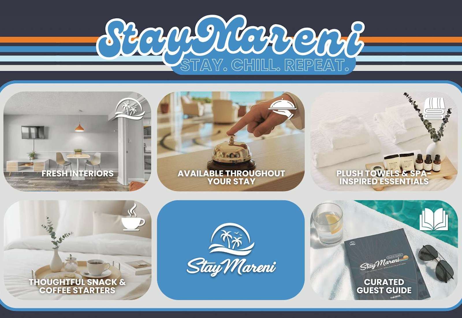 Fresh interiors, spa-inspired essentials, and thoughtful touches. Enjoy coffee starters, plush towels, and a curated guide for a relaxing, unforgettable stay.