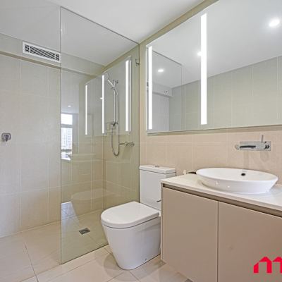 Second bathroom with vanity, shower, and toilet.