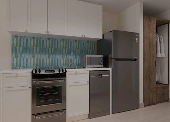 Designed for gathering and entertaining, this beautifully renovated kitchen features quartz countertops, custom tilework, stainless steel appliances, and a bright coastal-inspired design. (This is a rendering, not an actual photograph)