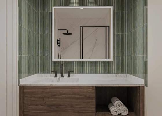 Indulge in a spa-like experience with this beautifully renovated walk-in shower, featuring elegant marble-look tile, matte black fixtures, and modern coastal design. (This is a rendering, not an actual photograph)