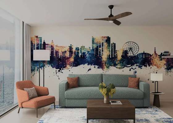 Relax in this stylish living room with comfortable seating, modern furnishings, floor-to-ceiling views, and custom Myrtle Beach-inspired décor. (This is a rendering, not an actual photograph)