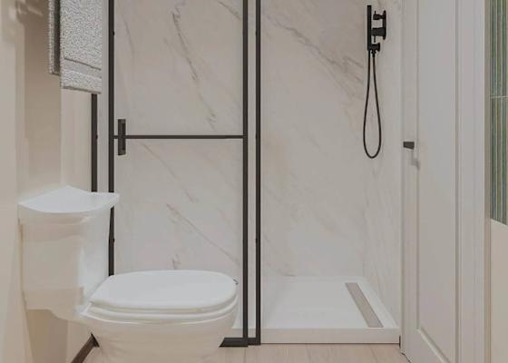 Indulge in a spa-like experience with this beautifully renovated walk-in shower, featuring elegant marble-look tile, matte black fixtures, and modern coastal design. (This is a rendering, not an actual photograph)