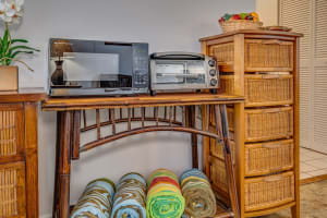 Colorful beach towels and kitchen essentials for a comfortable stay