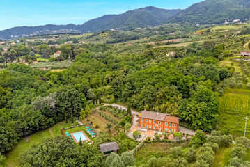Terracotta coloured villa with a pool amid olive trees