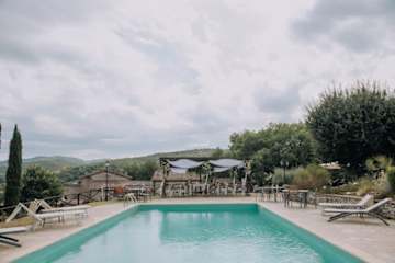 Outdoor table below two white parasols
