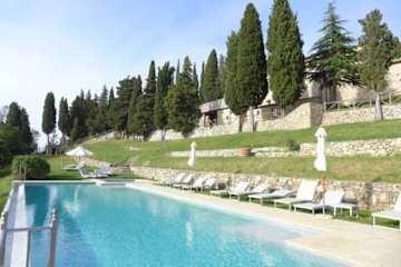 Terraced slopes leading to a swimming pool