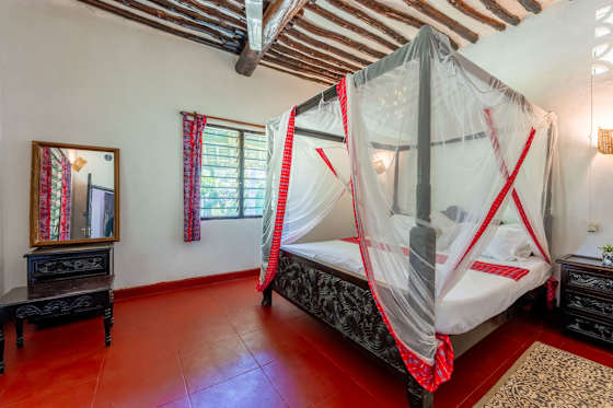Bedroom 1 with a king bed, mosquito net and natural light.