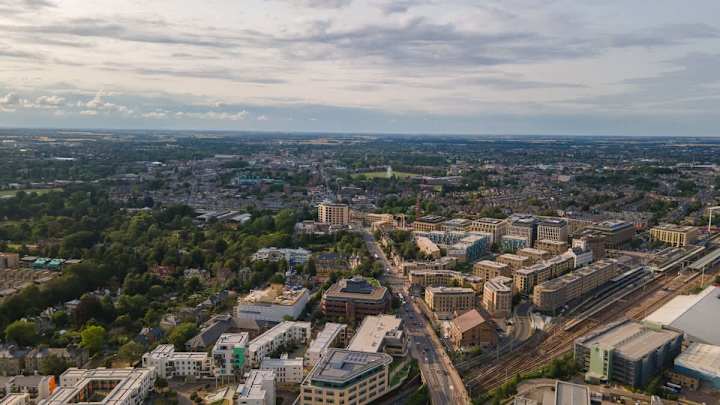 Aerial view of the property and its surroundings.