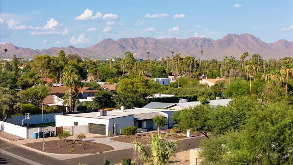 The Sunkiss — aerial view of a residential neighborhood with houses, palm trees, and mountains in the distance