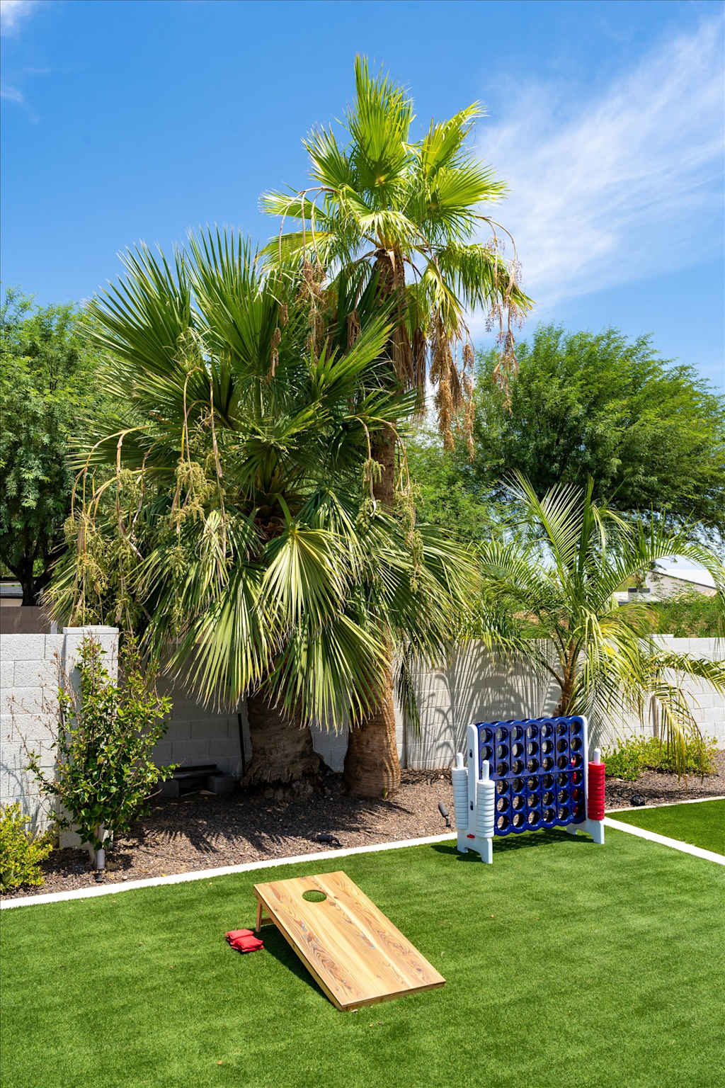 The Scottsdale Social — backyard lawn area featuring a wooden cornhole board and a giant connect-four game near palm trees
