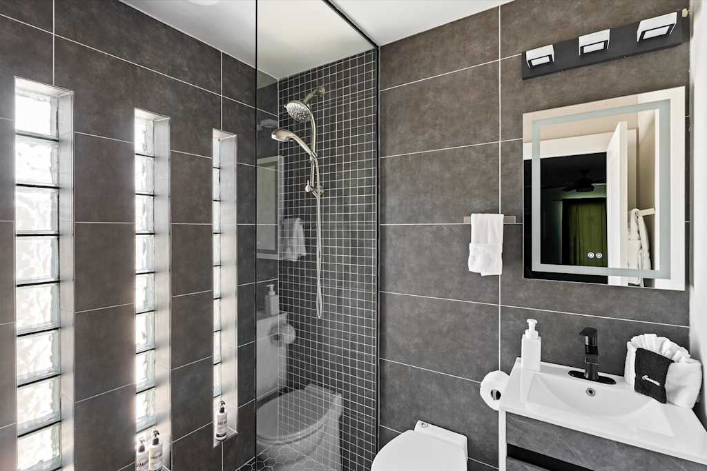 The Scottsdale Social — modern bathroom with dark gray tile, glass-enclosed shower, toilet, and vanity with illuminated mirror