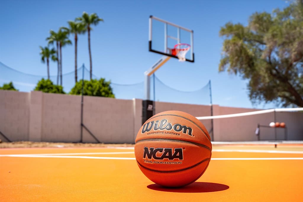 The Sunkiss — close-up of a basketball on an orange court with a basketball hoop in the background