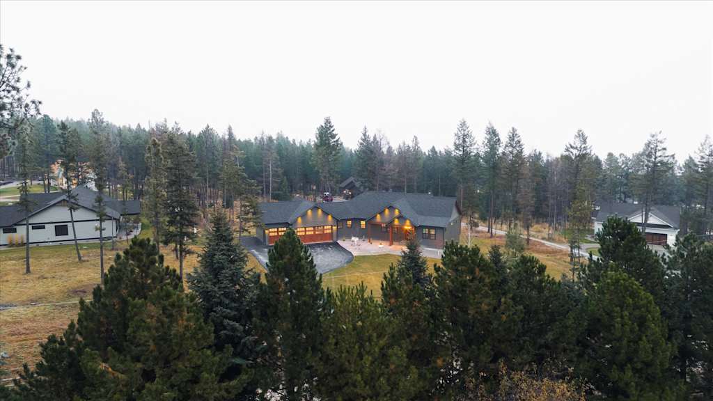 The Evergreen — aerial view of houses surrounded by tall evergreen pine trees