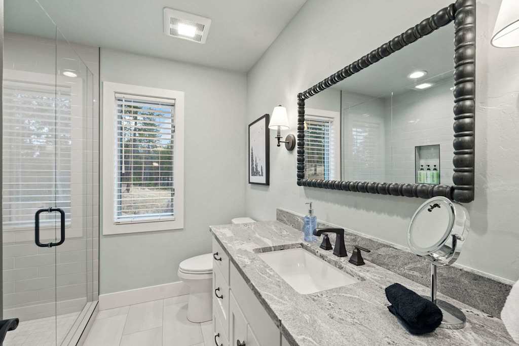 The Tamarack — bathroom with a single vanity, black beaded mirror, toilet, and glass walk-in shower