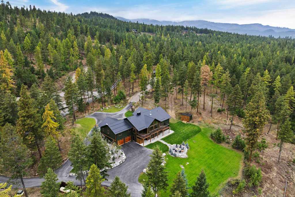 The Tamarack — elevated view of a modern lodge nestled in a dense evergreen forest with distant mountain hills