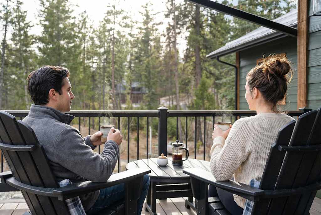 The Tamarack — man and woman sitting on a balcony holding mugs overlooking a pine forest
