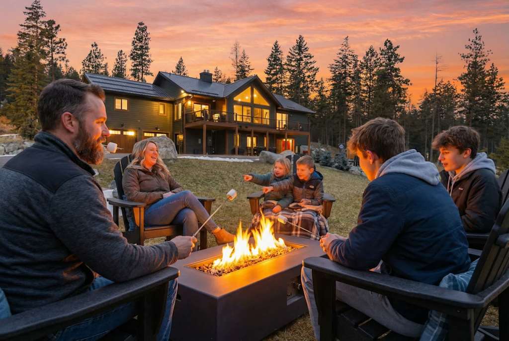 The Tamarack — people roasting marshmallows around an outdoor fire table outside a lodge at sunset