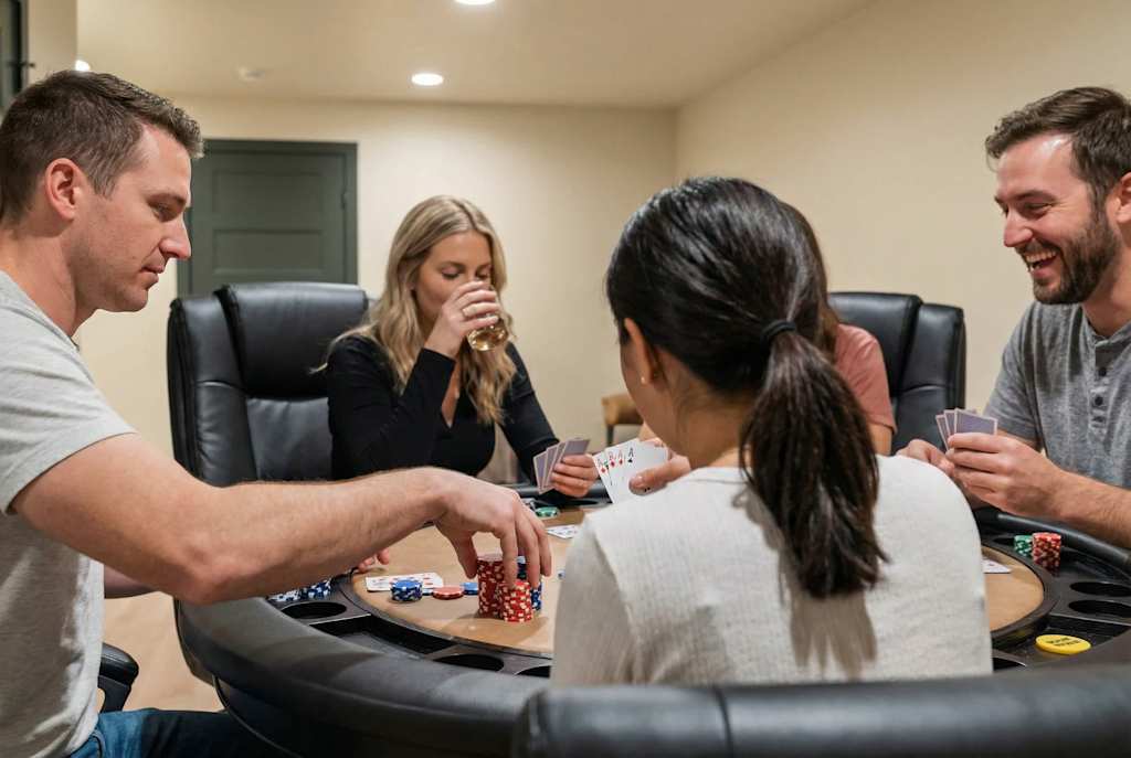 The Tamarack — four people sitting around a card table playing poker with chips and cards