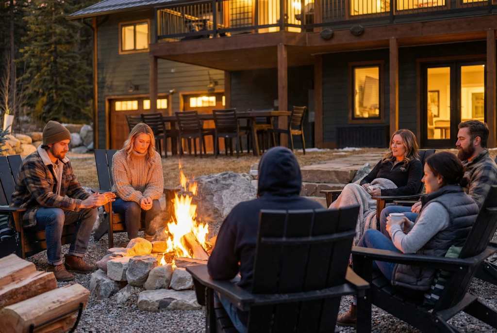 The Tamarack — group of people sitting in adirondack chairs around an outdoor fire pit outside a house