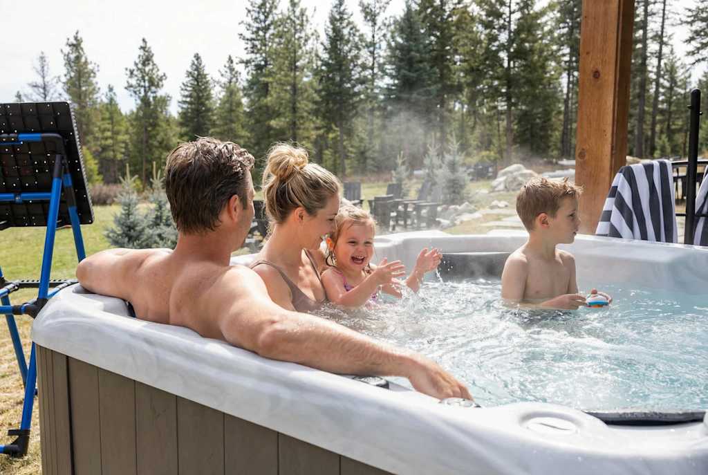 The Tamarack — family with two young children enjoying an outdoor hot tub surrounded by pine trees