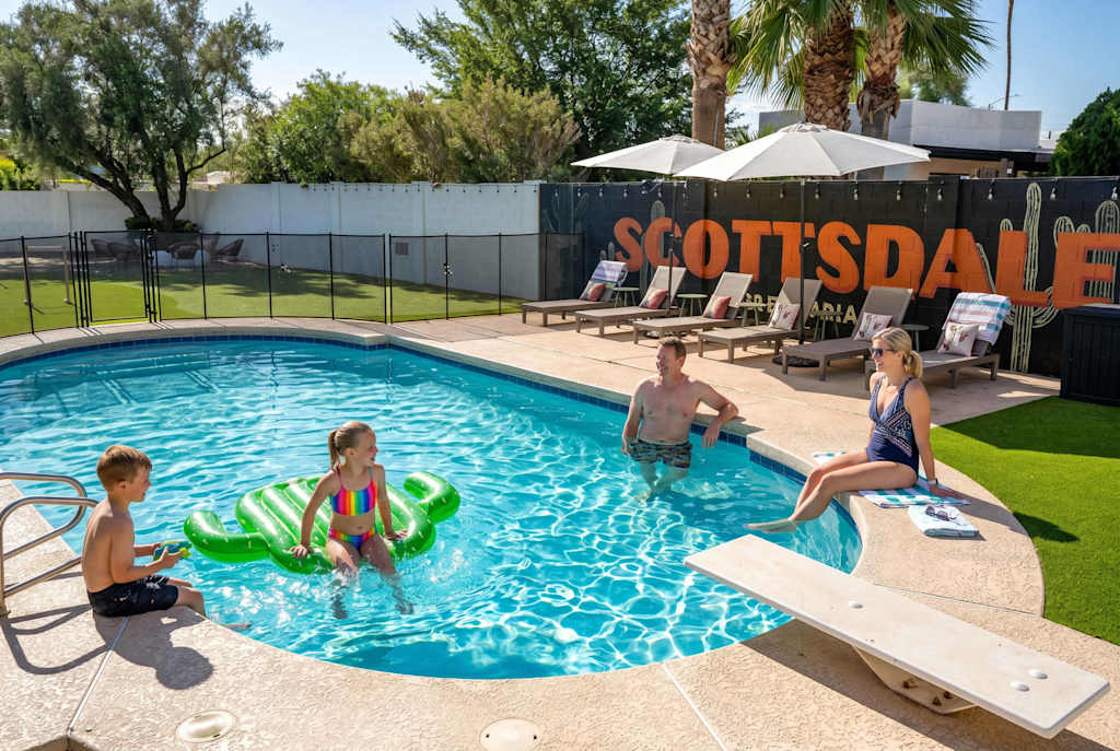 The Sunkiss — family relaxing by a swimming pool with lounge chairs and palm trees in the backyard