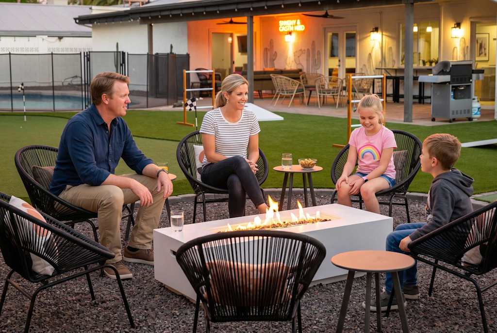 The Sunkiss — family sitting around a modern fire pit on an outdoor patio at dusk