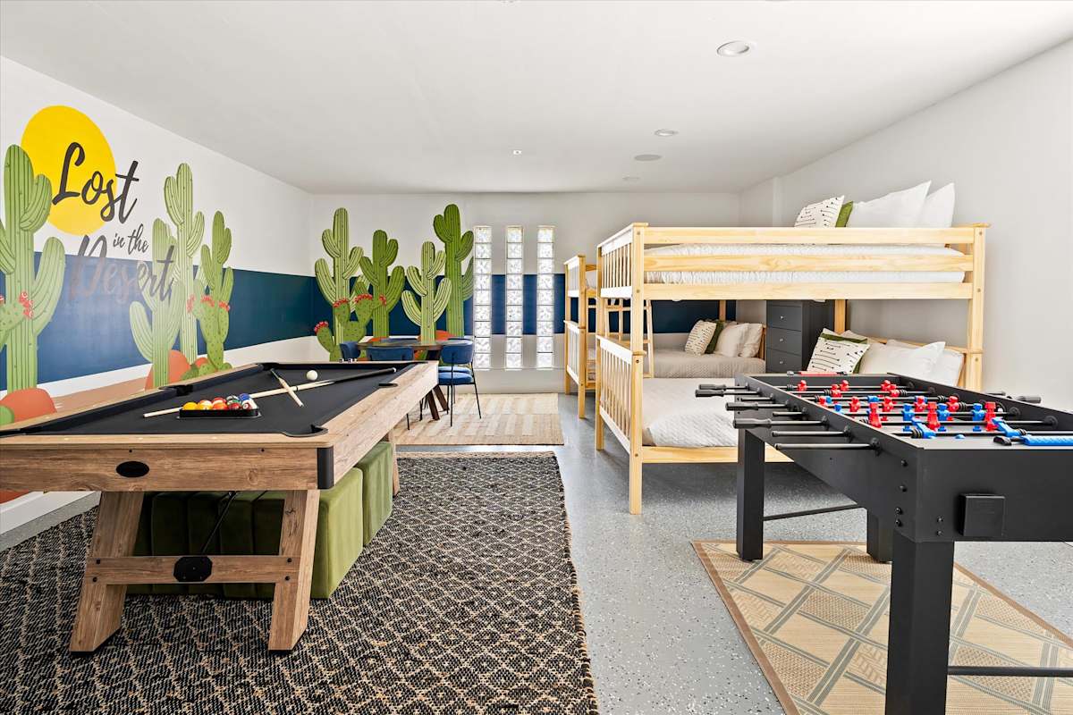 Game room with pool table, foosball and bunk beds — The Scottsdale Social, Scottsdale, Arizona