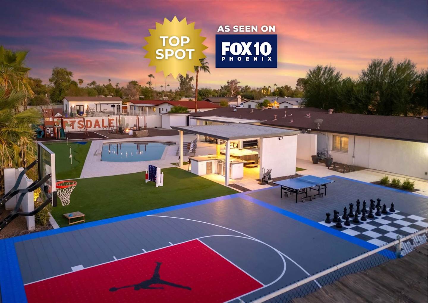 Enhanced evening feature view of the blue and red basketball court