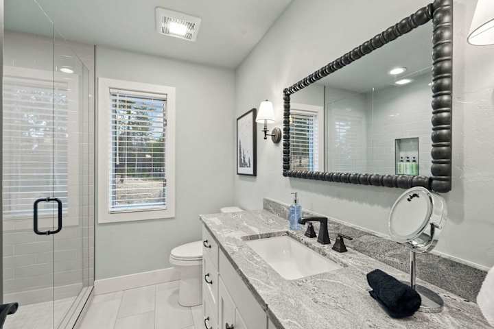 Bathroom double vanity and walk-in shower