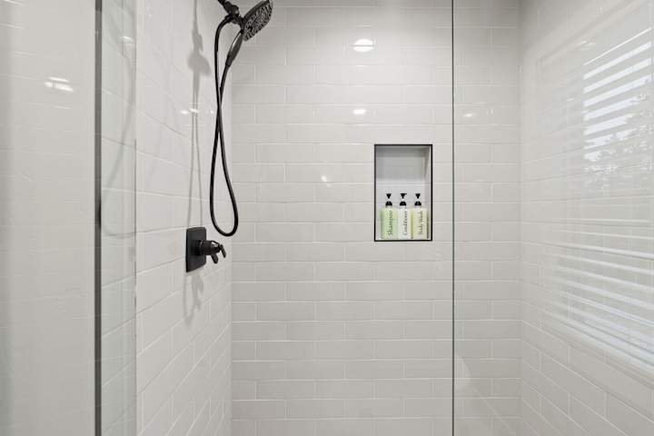 Walk-in shower with black fixtures