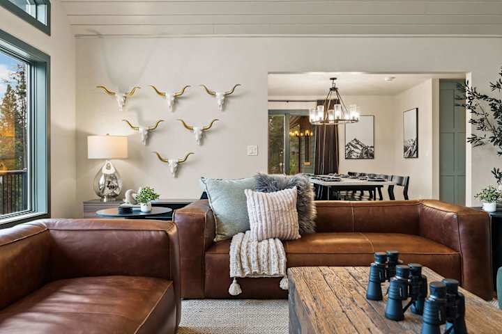 Leather sectional and fireplace in the great room
