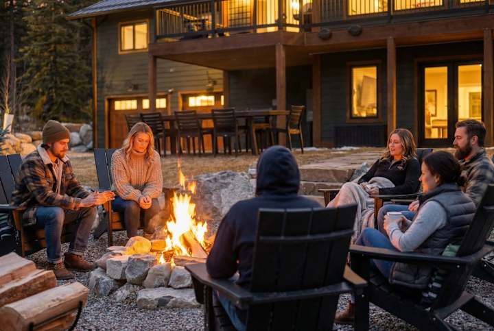 Guests enjoying the fire pit beside the lodge