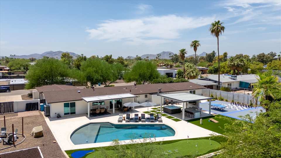 Elevated view of the pool and covered outdoor living areas