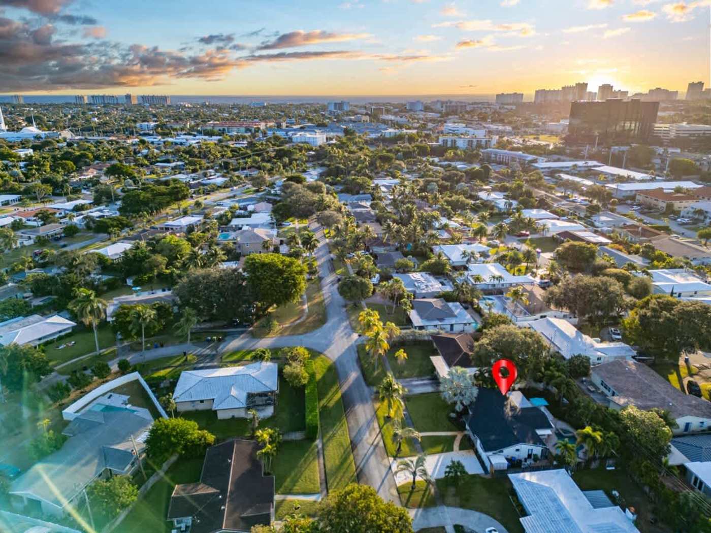 Gardens By The Sea: The neighborhood from above at sunset, with the house marked