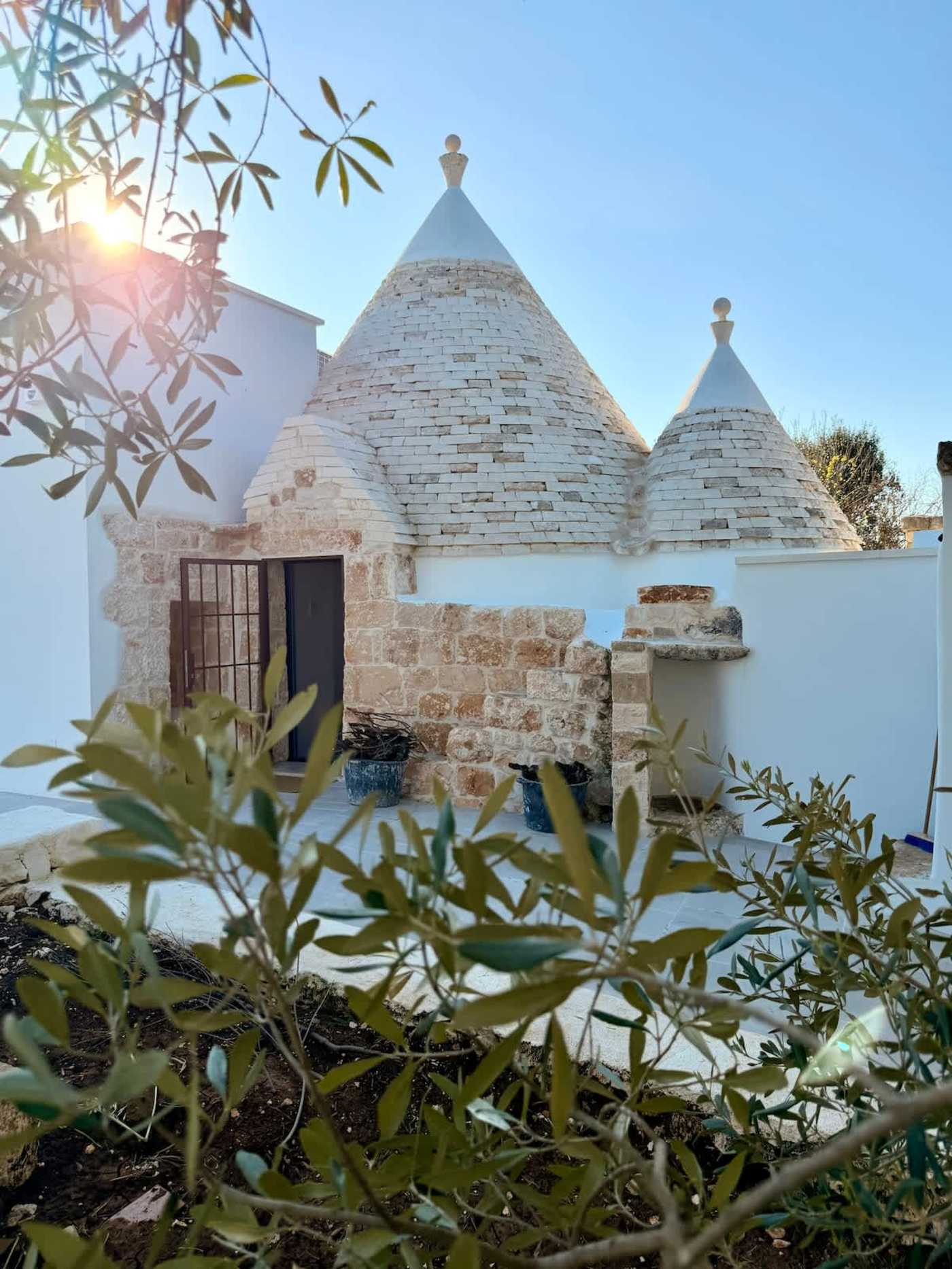 Trullo Ostro: Trullo cones and stone doorway framed by olive branches