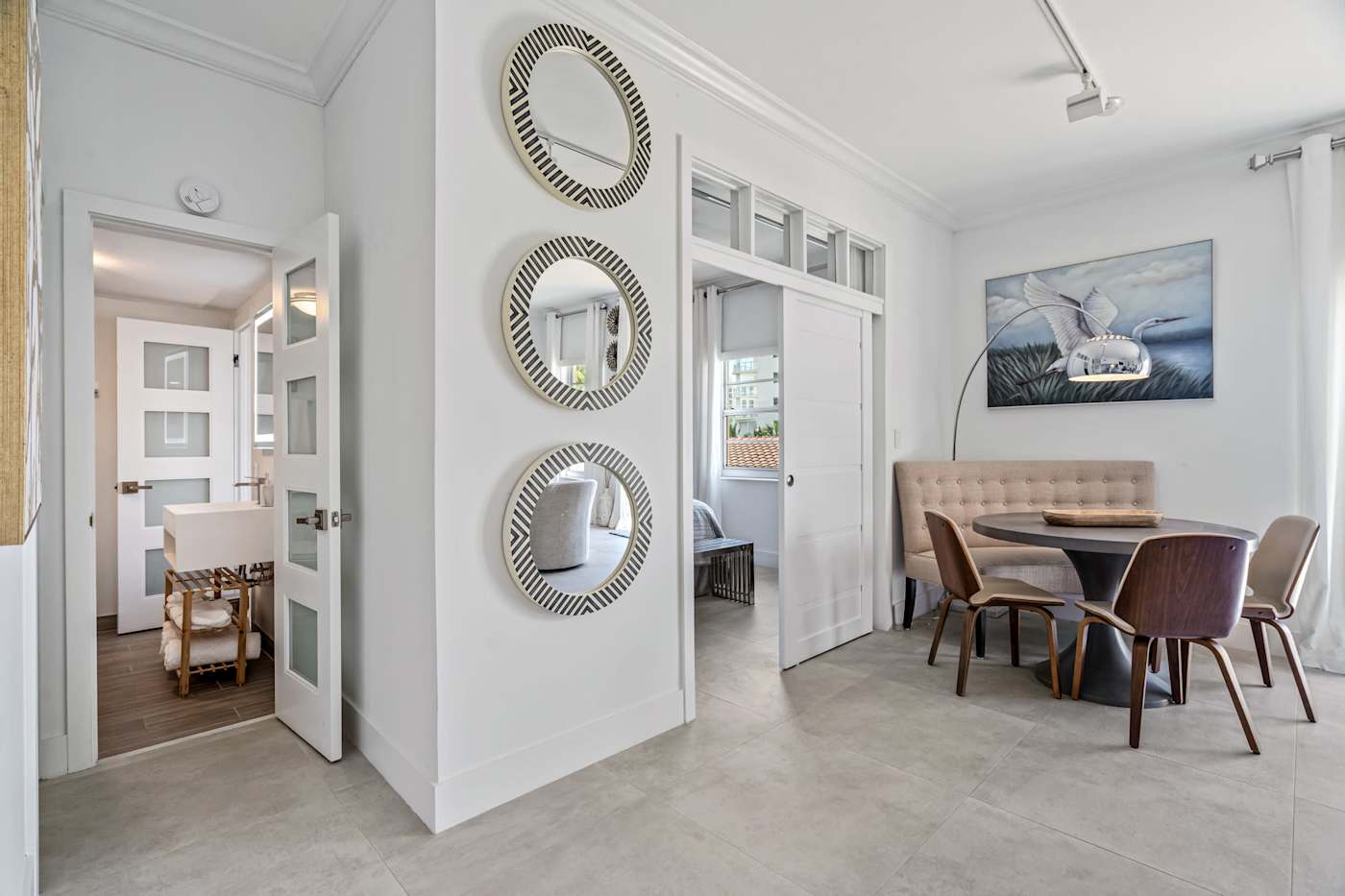 Ocean Block: The dining area sits between the bedroom and bathroom doors