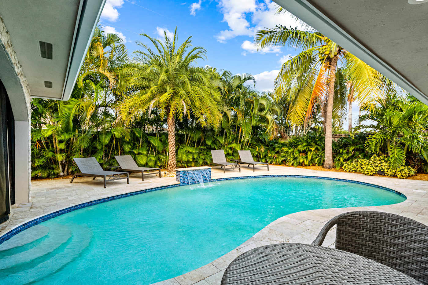 Cypress Cove: Lounge chairs sit along the far side of the pool under the palms