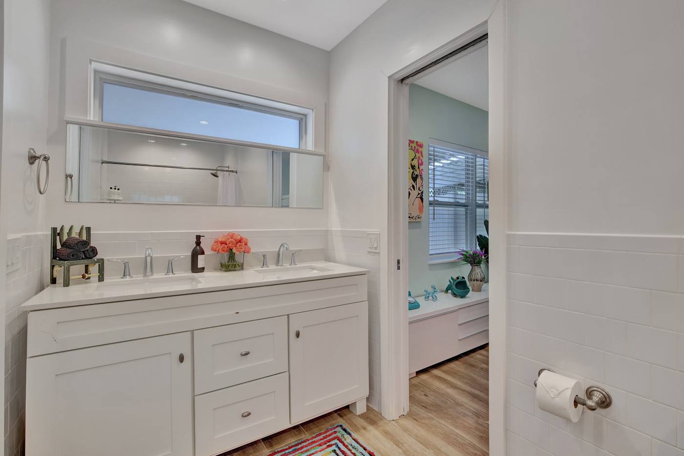 6 Bed Beach House: Bathroom vanity with storage, beside the bedroom