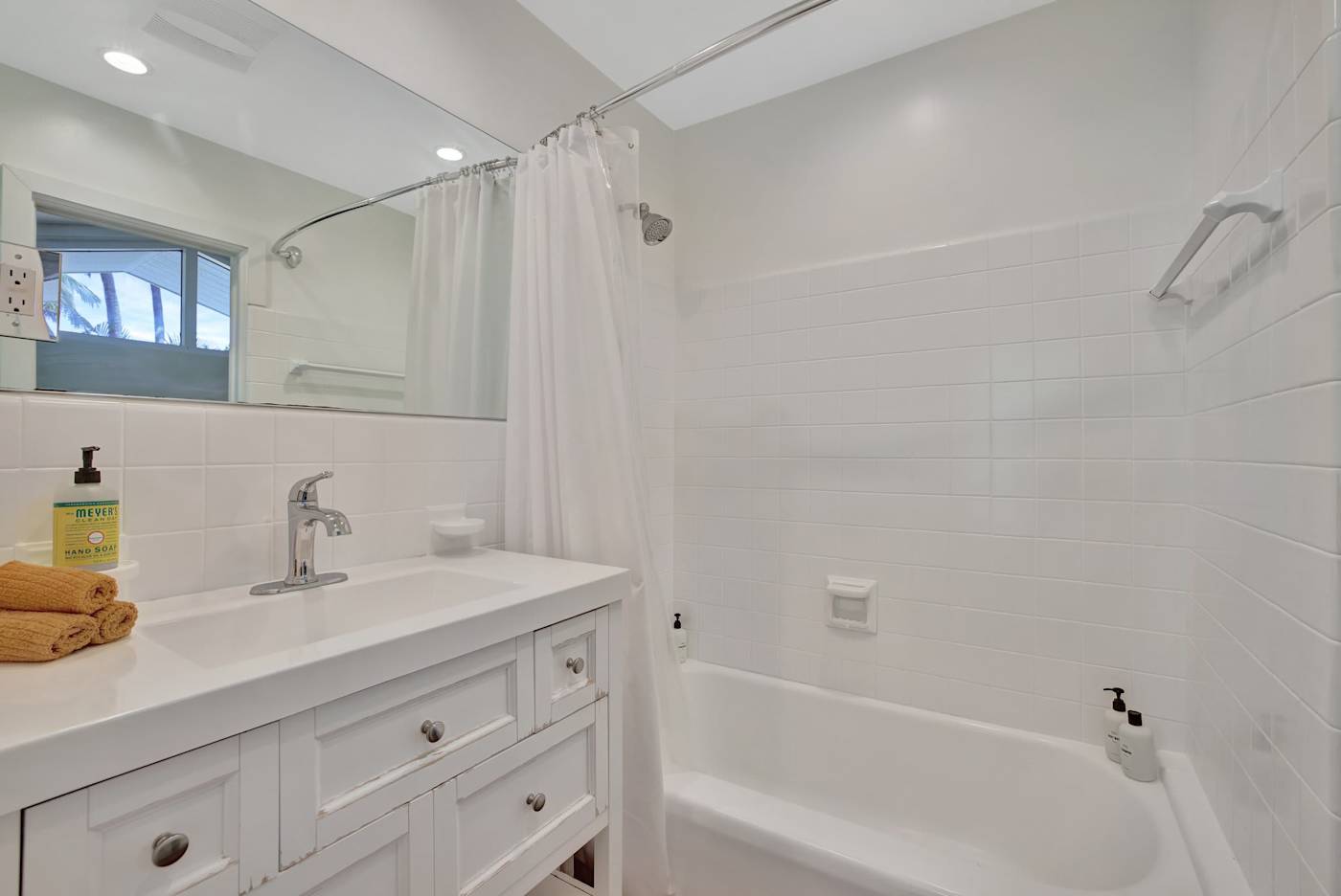 6 Bed Beach House: Bathroom with bath, shower over and vanity