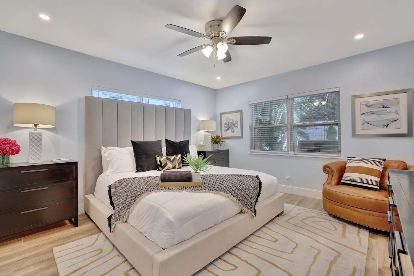 6 Bed Beach House: Bedroom with king bed, armchair and dresser