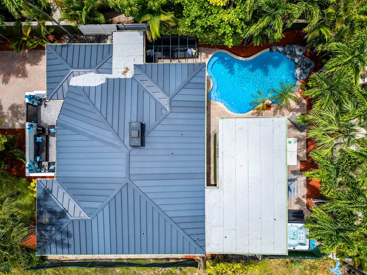Beach Pop House: Roof and pool from above, showing the whole plot