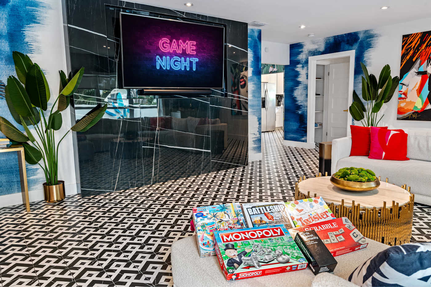 Beach Pop House: Games room with board games, sectional and a neon sign