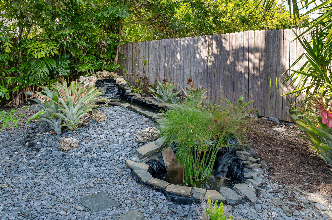 The Fairway: Gravel garden with tropical planting along the fence